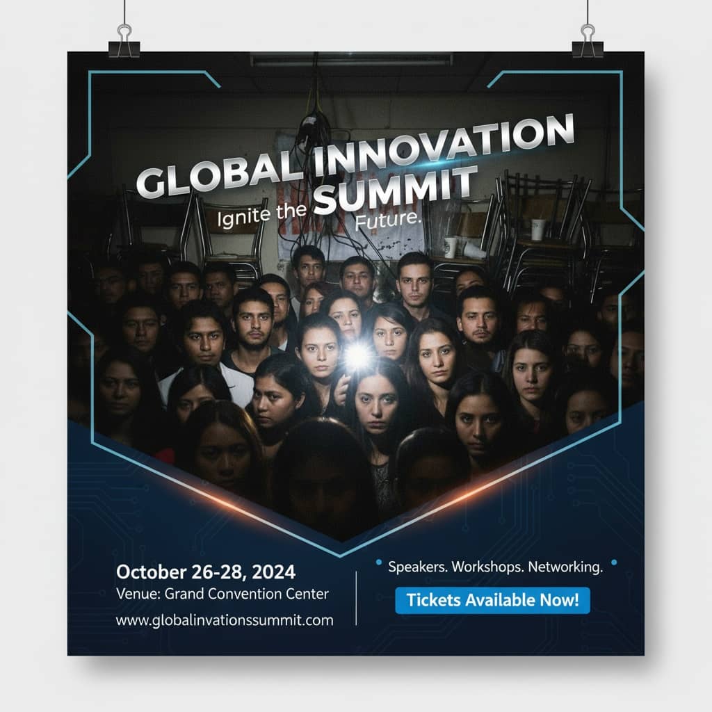 Global Innovation Summit event poster with dark technology graphics — Nano Banana 2 showcase example