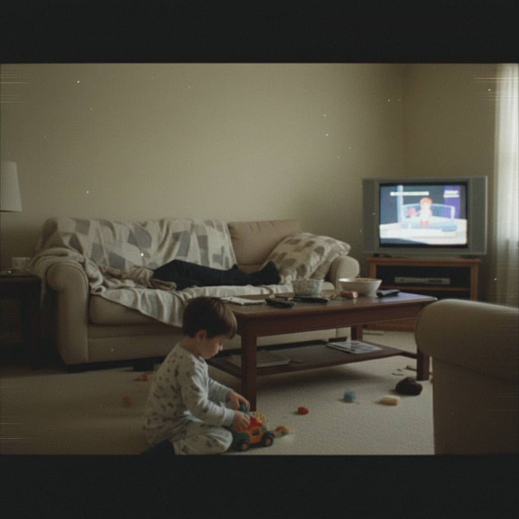 Dim cinematic living room with a child beside a television — Nano Banana Pro showcase example